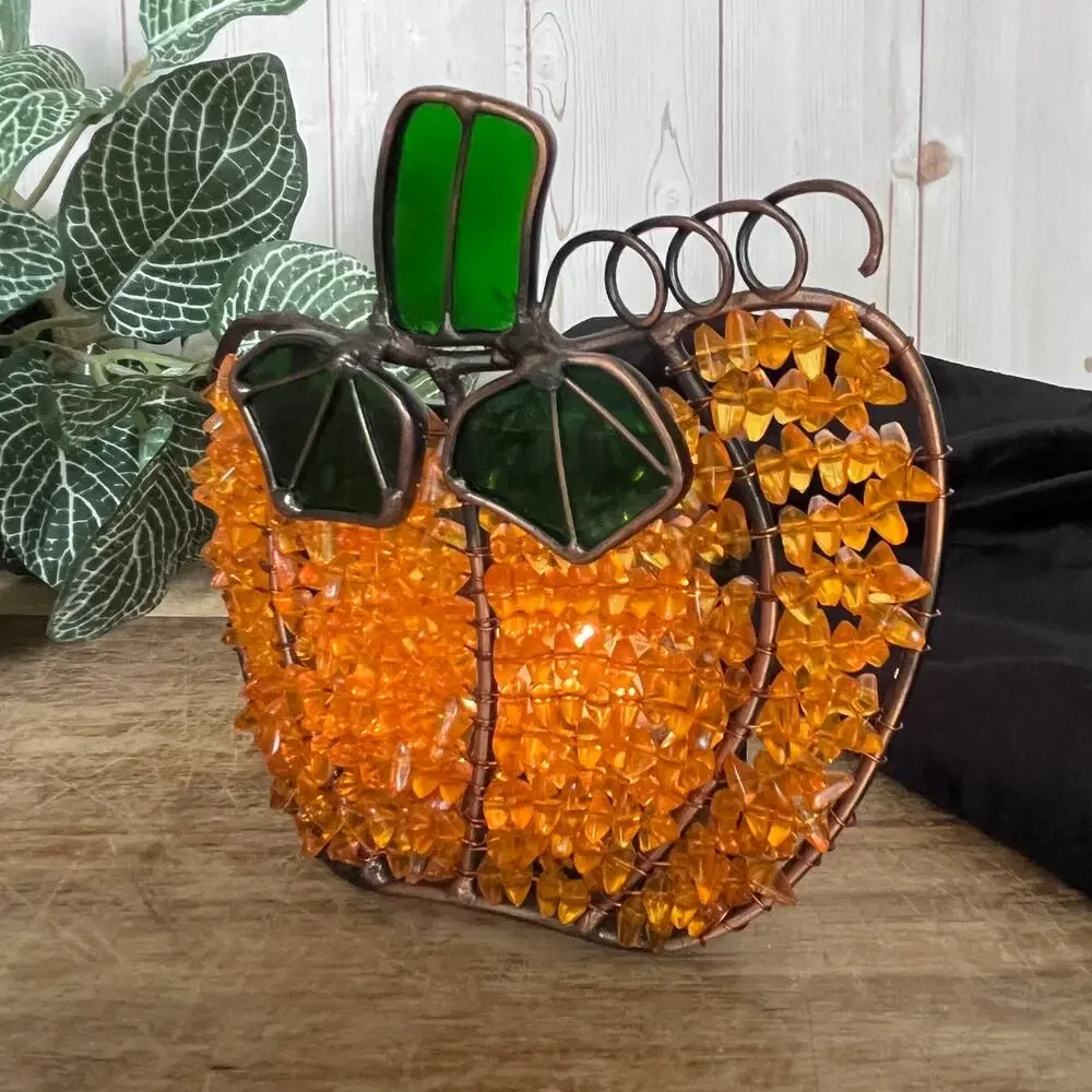 Stained Glass & Copper Beaded Wire Pumpkin Votive Holder Autumn Halloween Decor